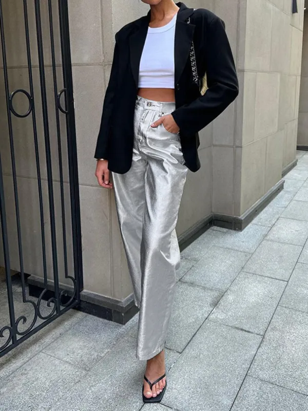 Metallic Leather Straight Leg Pants sold by COMMENSE