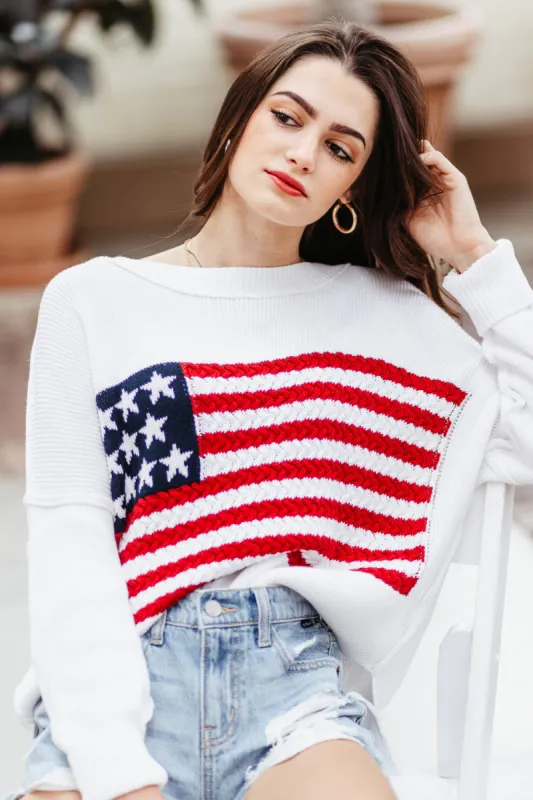Miracle Knit American Flag Sweater for Women in White | M8167-IVORY sold by Miracle