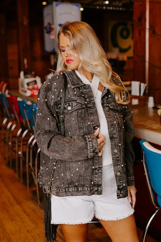The Juni Embellished Denim Jacket In Black Curves sold by Impressions