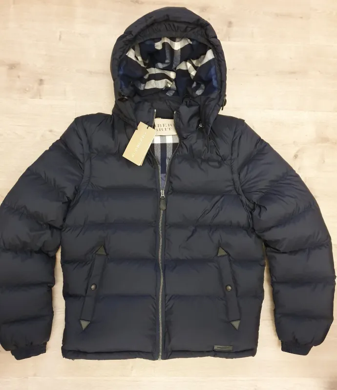 【さの】Bargiee CHECK PUFFY DOWN Burberry Check Detachable Sleeve Hooded Puffer Jacket Black