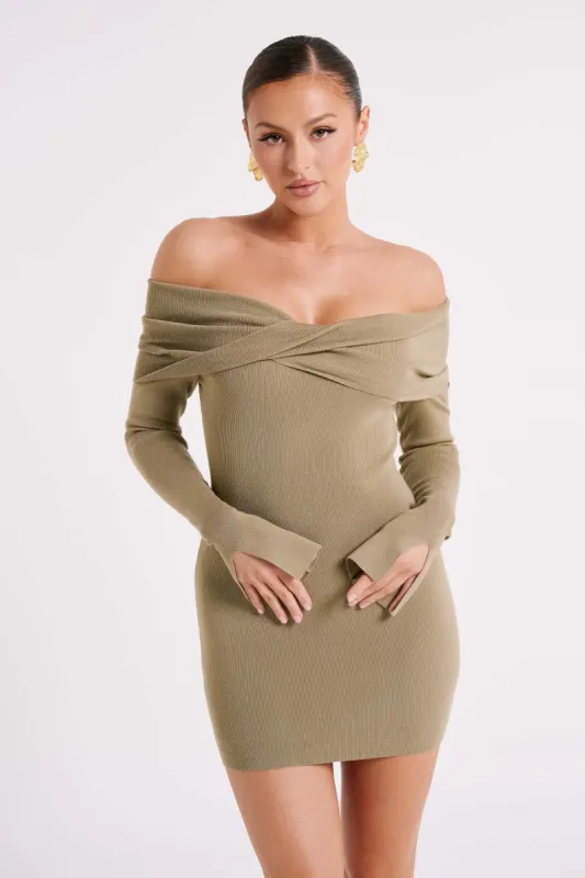 Meshki Clover Off Shoulder Knit Mini Dress - Olive | Parallel