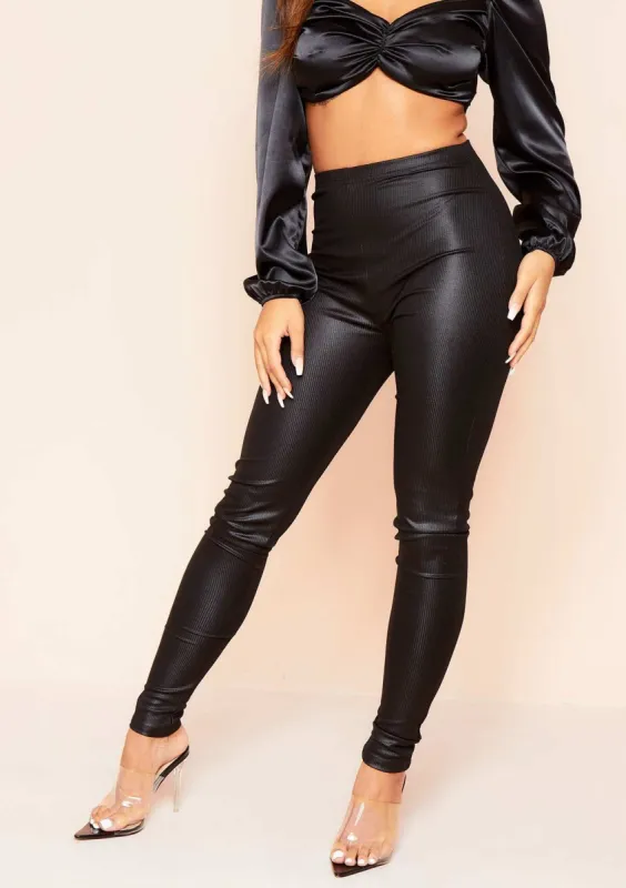 Zola Black High Waist Ribbed Coated Legging sold by Missy Empire