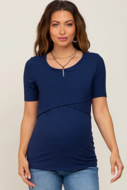 Navy Blue Ribbed Wrap Front Maternity/Nursing Top sold by Pinkblush