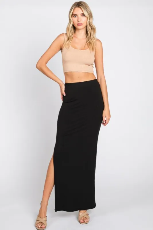 Black Ribbed Knit Front Slit Midi Skirt sold by Pinkblush