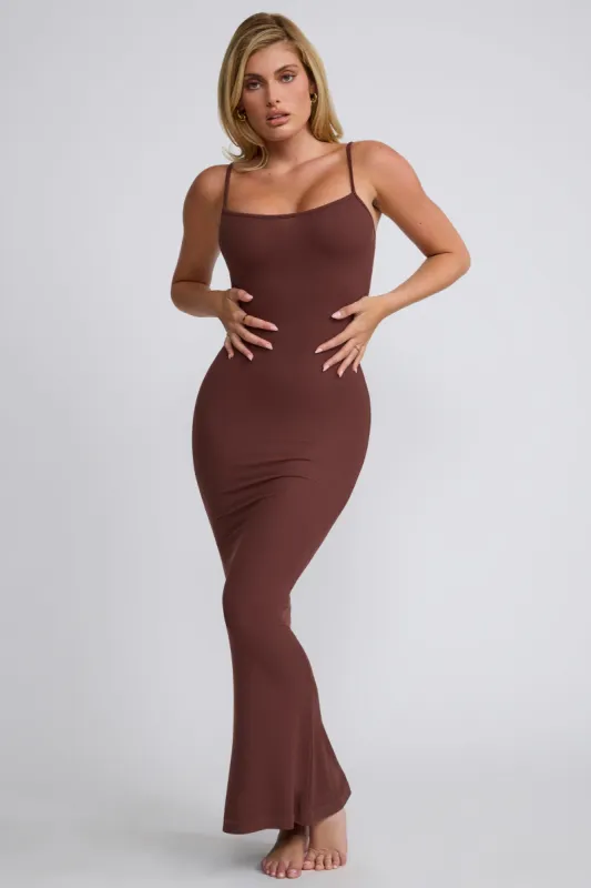 Ribbed Modal Square Neck Maxi Dress in Chocolate sold by Oh Polly