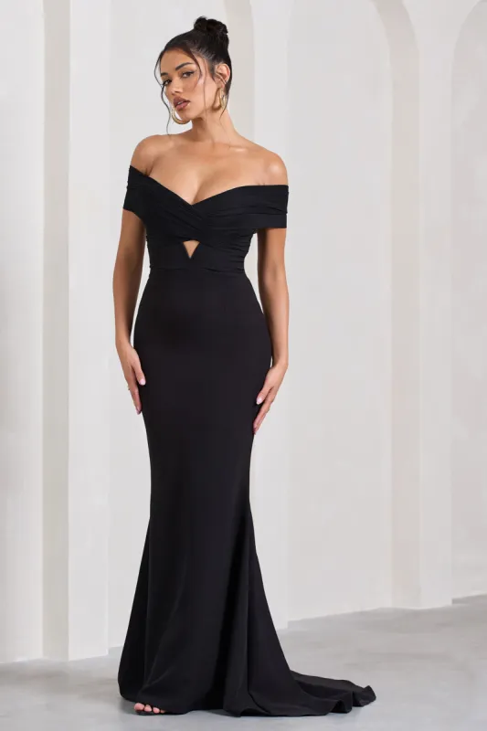 Inspiration | Black Sheer Bardot Fishtail Maxi Dress sold by Club L London