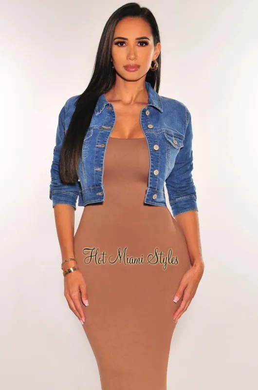 Denim Long Sleeve Collared Button Up Cropped Jacket sold by Hot Miami Styles