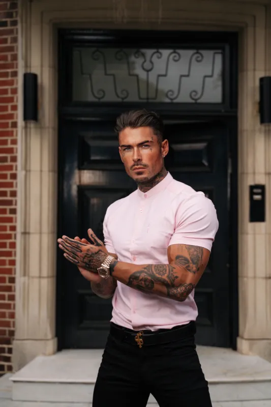 Father Sons Super Slim Stretch Classic Oxford Pink Grandad Collar Short Sleeve - FS953 sold by Father Sons