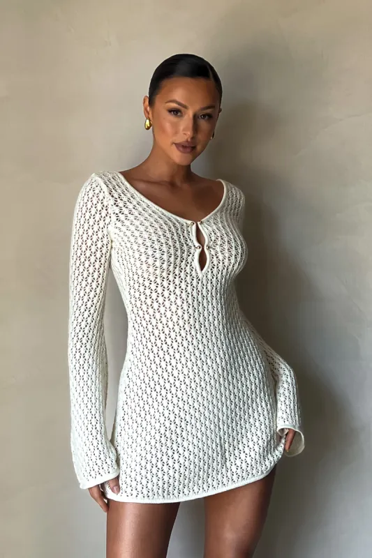 Kayleigh Crochet Knit Mini Dress - White sold by Meshki