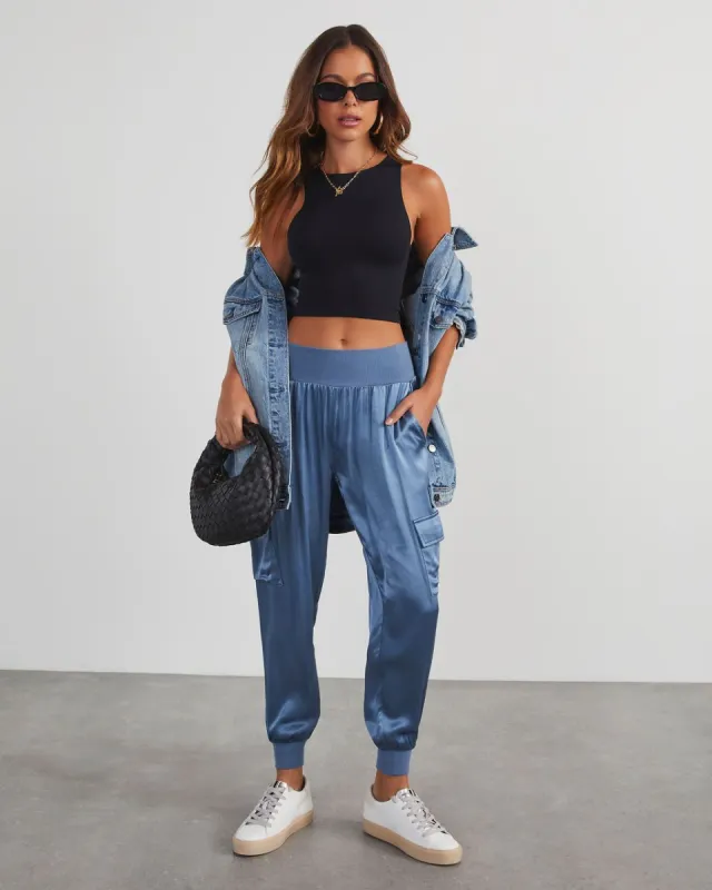Luxe Look Satin Pocketed Joggers - Slate Blue sold by Vici