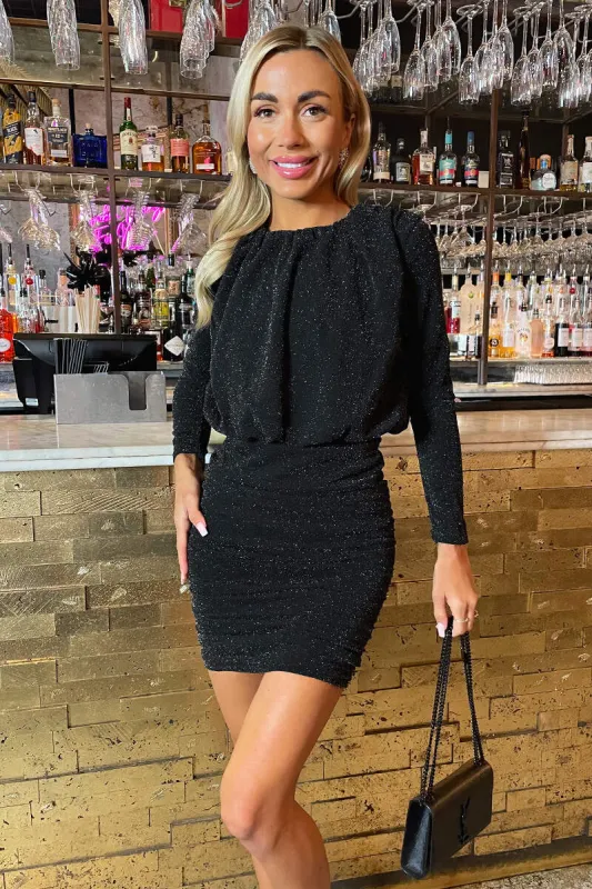 Black Sparkly Long Sleeve Ruched Mini Dress sold by AX Paris