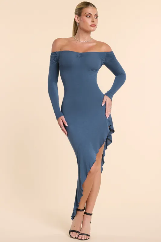 Long Sleeve Off-The-Shoulder Modal Cashmere Blend Maxi Dress in French Navy sold by Oh Polly