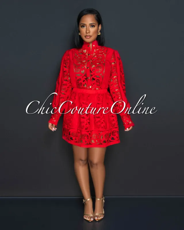 *Sonya Red Crochet See-Though Blouse & Ruffle Skirt Set sold by Chic Couture