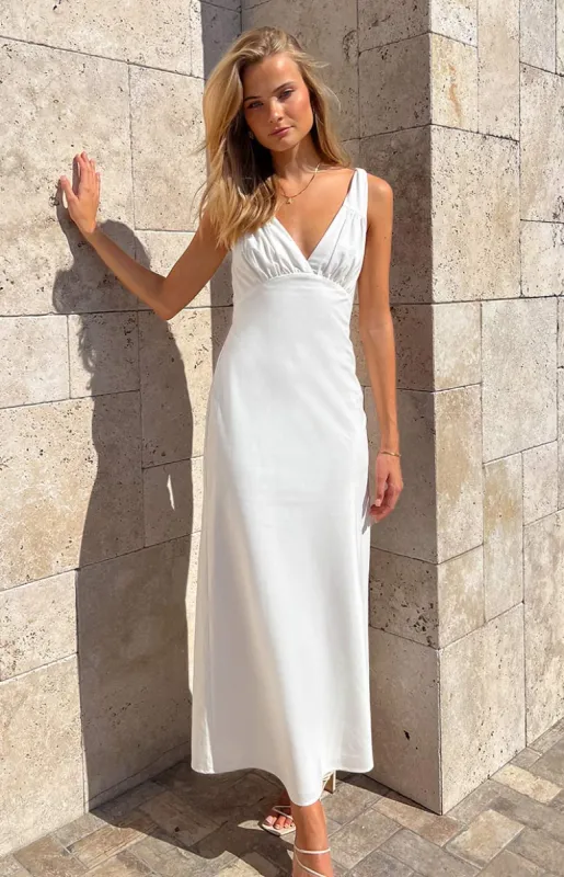 Verlaine White Linen Blend Maxi Dress sold by Beginning Boutique