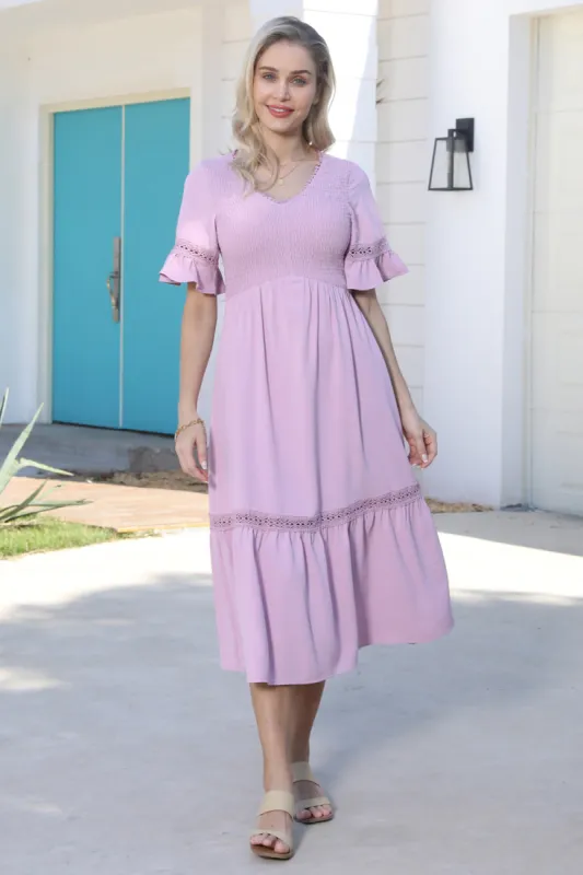 GRACE KARIN Smocked Bodice Dress Casual Short Bell Sleeve V-Neck A-Line Dress sold by Grace Karin
