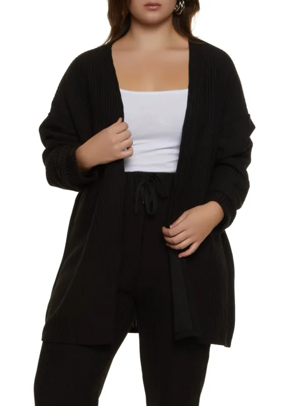 Plus Size Ribbed Drop Shoulder Open Front Cardigan sold by Rainbow