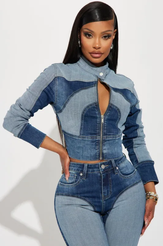 Coronado Two Tone Denim Moto Jacket - Medium Wash sold by Fashion Nova