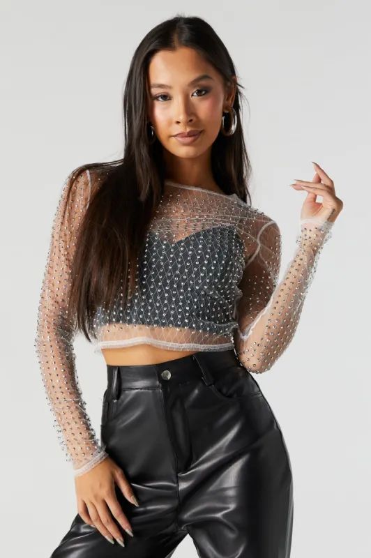Rhinestone Mesh Long Sleeve Top sold by Urban Planet