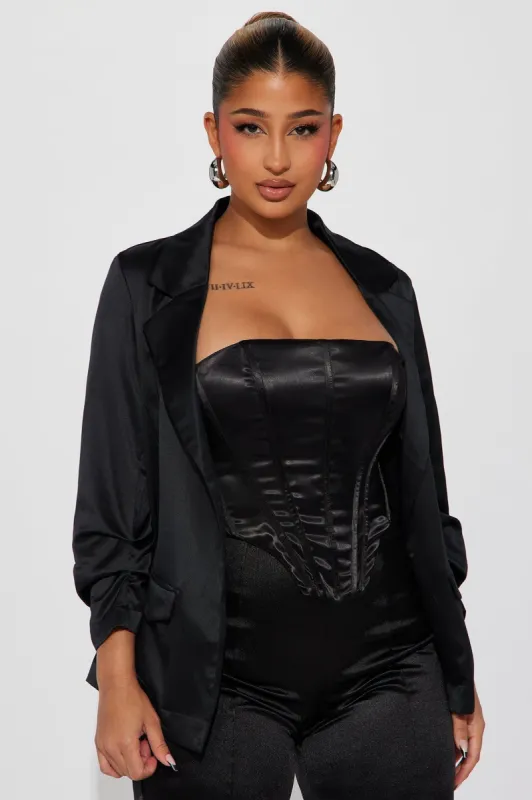 Sign The Check Satin Blazer - Black sold by Fashion Nova