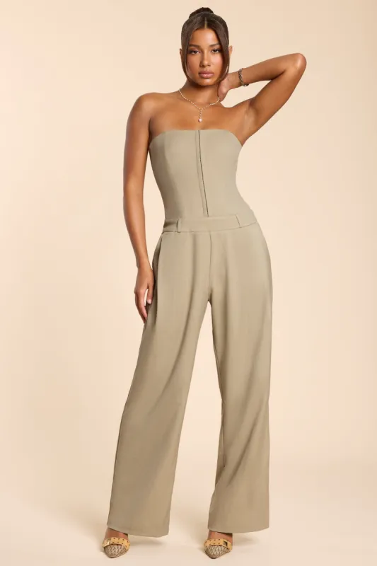 Petite Brushed Twill Bandeau Corset Jumpsuit in Taupe sold by Oh Polly