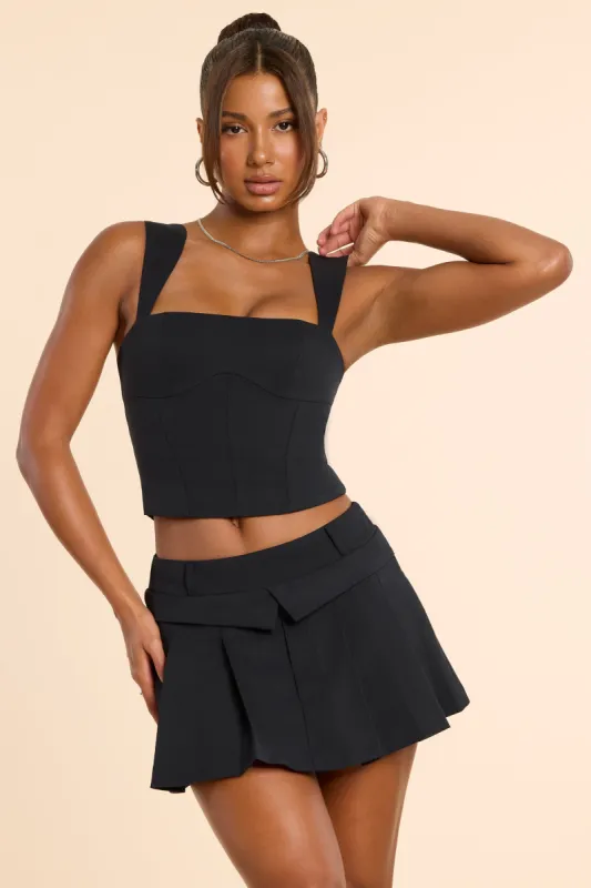 Brushed Twill Mid Rise Pleated Micro Mini Skirt in Black sold by Oh Polly