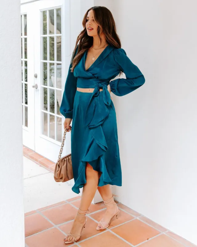 Penthouse Satin Ruffle Midi Skirt sold by Vici