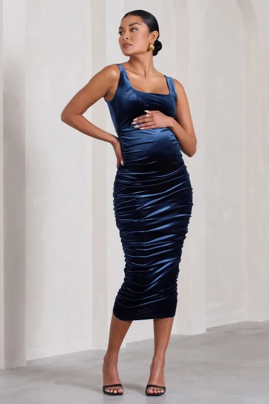 Lisbon | Navy Velvet Maternity Square Neck Ruched Midi Dress sold by Club L London