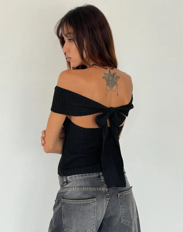 Wilda Bardot Bow Back Top in Knit Black sold by Motel Rocks