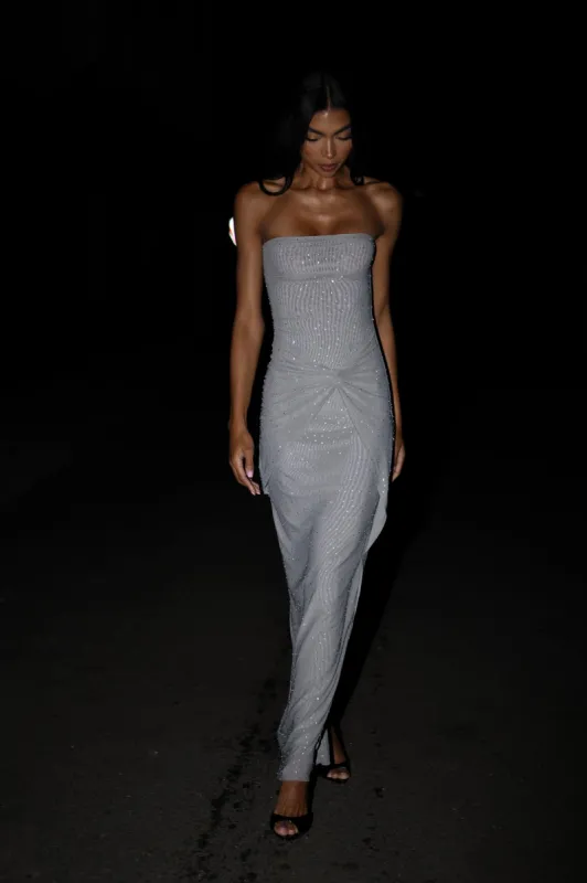 Crishelle Hot Fix Mesh Maxi Dress - Gunmetal sold by Meshki