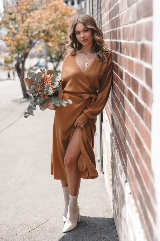 Nova Wrap Knit Midi Dress - Camel sold by Petal & Pup