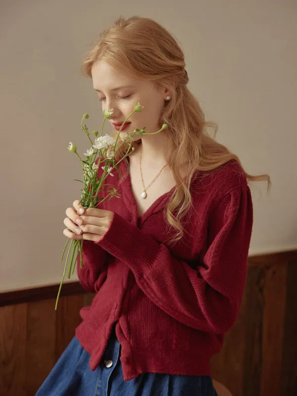 【Final Sale】Ava Vintage Style Cable Red Knit Cardigan sold by Simple Retro