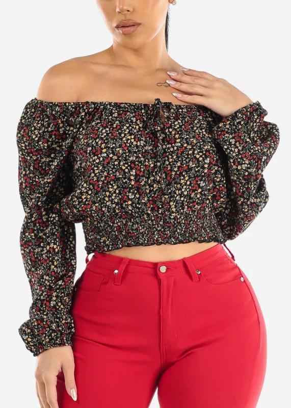 Black Off Shoulder Floral Peasant Crop Top sold by Moda