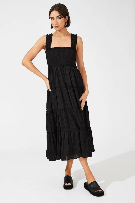 Black Maxi Dress Shirred Bust Tiered sold by Ally Fashion