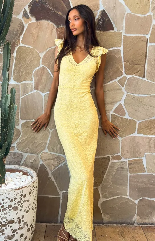 Blake Yellow Lace Maxi Dress sold by Beginning Boutique