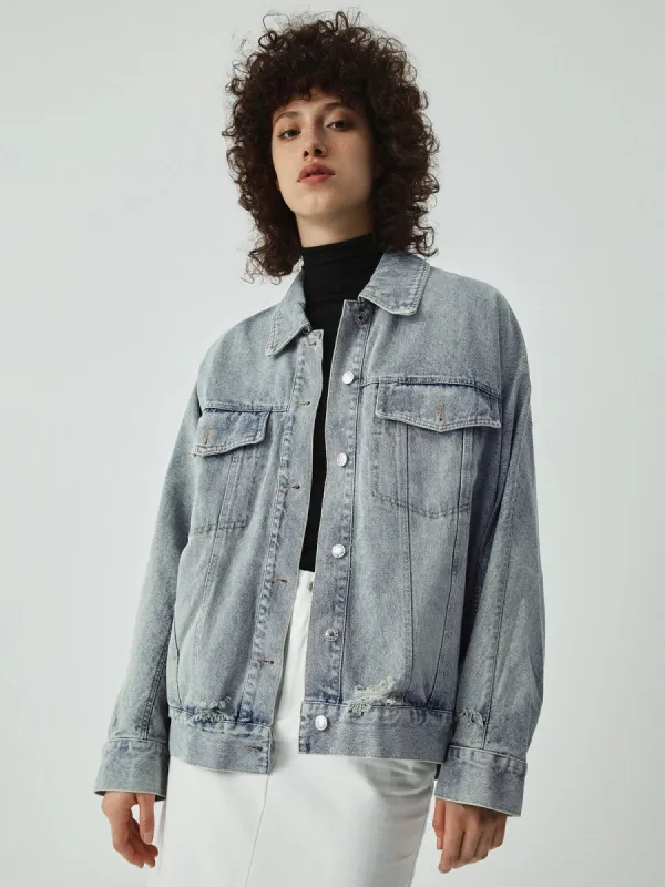 Distressed Detail Denim Jacket sold by COMMENSE