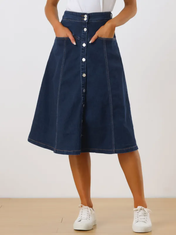Stretchy High Waist Buttons Front A-Line Flowy Pockets Midi Skirt sold by Allegra K