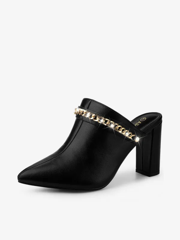 Women's Chain Slides Pointed Toe Slip on Block Heel Slide Mules sold by Allegra K