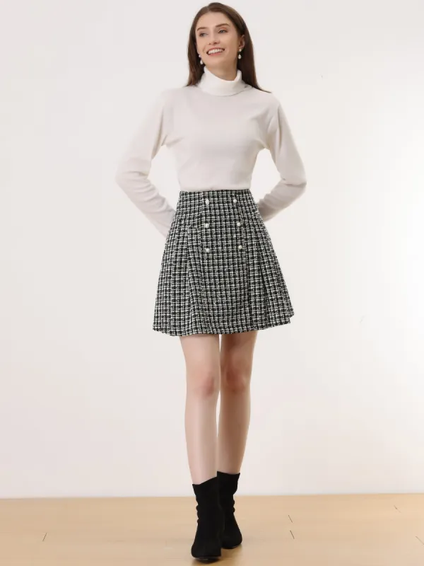 High Waist A-Line Button Front Plaid Tweed Mini Skirt sold by Allegra K