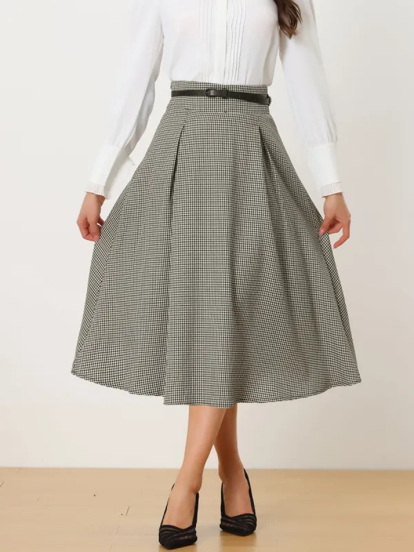 Women's Vintage Checked High Waist Belted A-Line Plaid Skirt sold by Allegra K