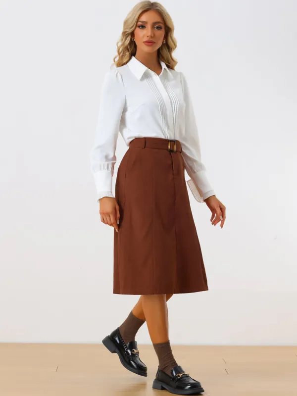 High Waist Elastic Back A-Line Belted Corduroy Pockets Midi Skirt sold by Allegra K