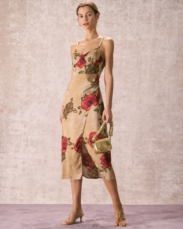 The Khaki Pearl Strap Side Slit Midi Dress sold by rihoas