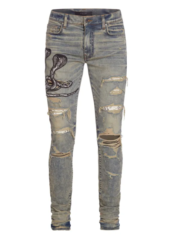デニム・ジーパン DARKFOG Niche Ink Snake Denim Pants Amiri Men's Snake Applique Skinny Jeans | Neiman Marcus