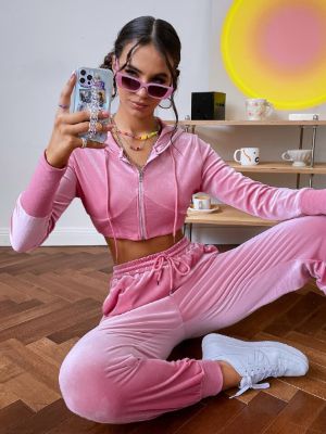 solid crop velvet drawstring hoodie & sweatpants sold by ROMWE