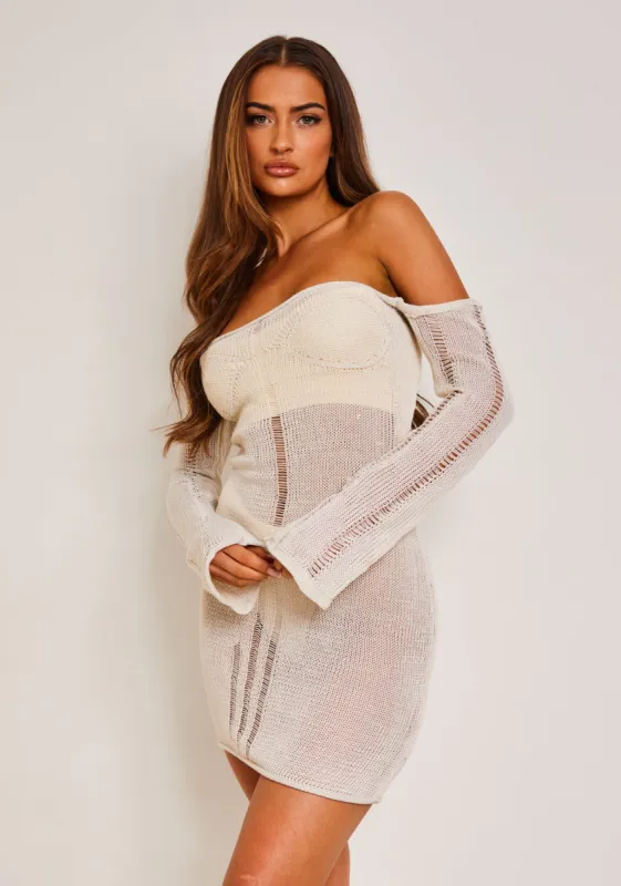Jordyn Cream Ladder Knit Off The Shoulder Mini Dress sold by Missy Empire