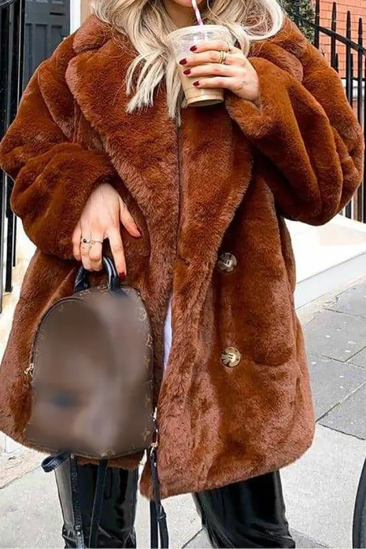 Orange Lapel Neck Open Front Faux Fur Midi Women Coat sold by Zapaka