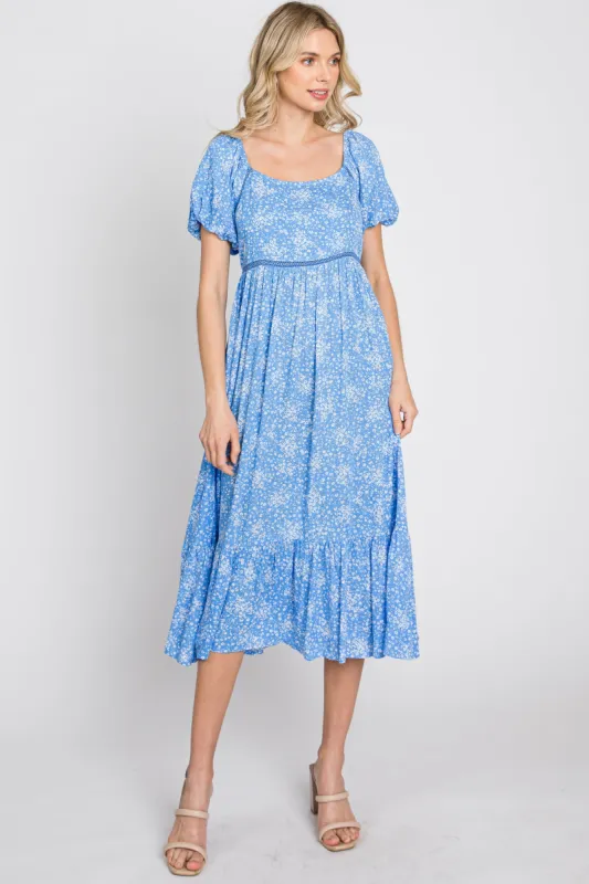 Blue Floral Crochet Accent Midi Dress sold by Pinkblush