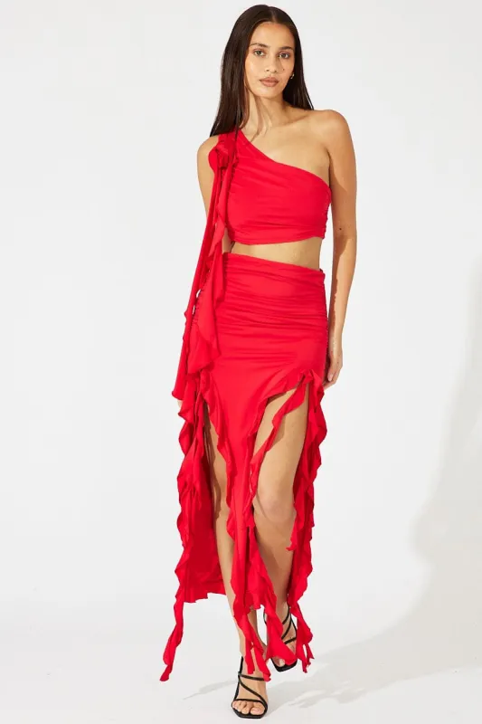 Red Ruffle Maxi Skirt sold by Ally Fashion