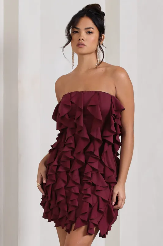 It Girl | Plum Bandeau Bodycon Mini Dress With Ruffles sold by Club L London