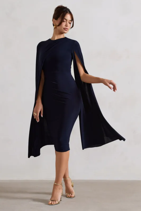 Marysol | Navy Asymmetric Cape Midi Dress sold by Club L London