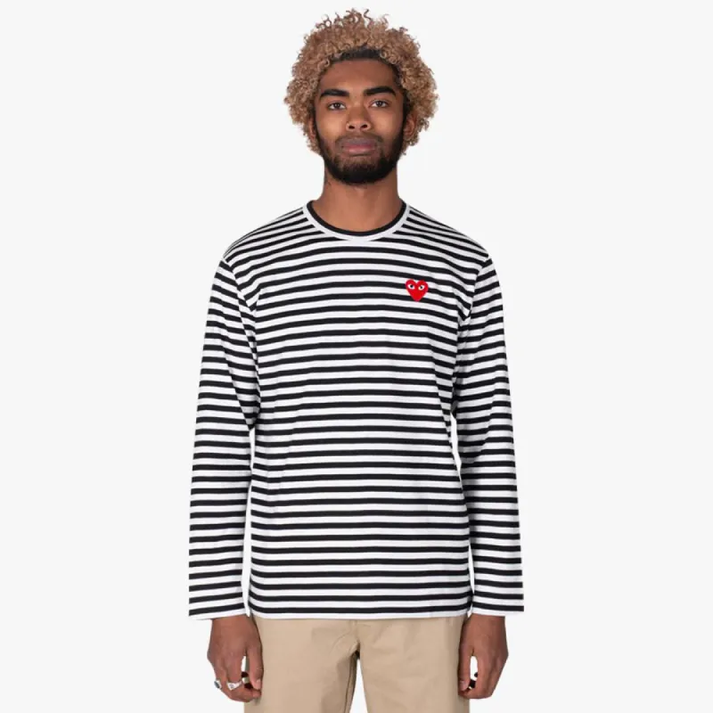 COMME des GARÇONS PLAY Red Heart Striped Long Sleeve T-shirt Black / White sold by Livestock